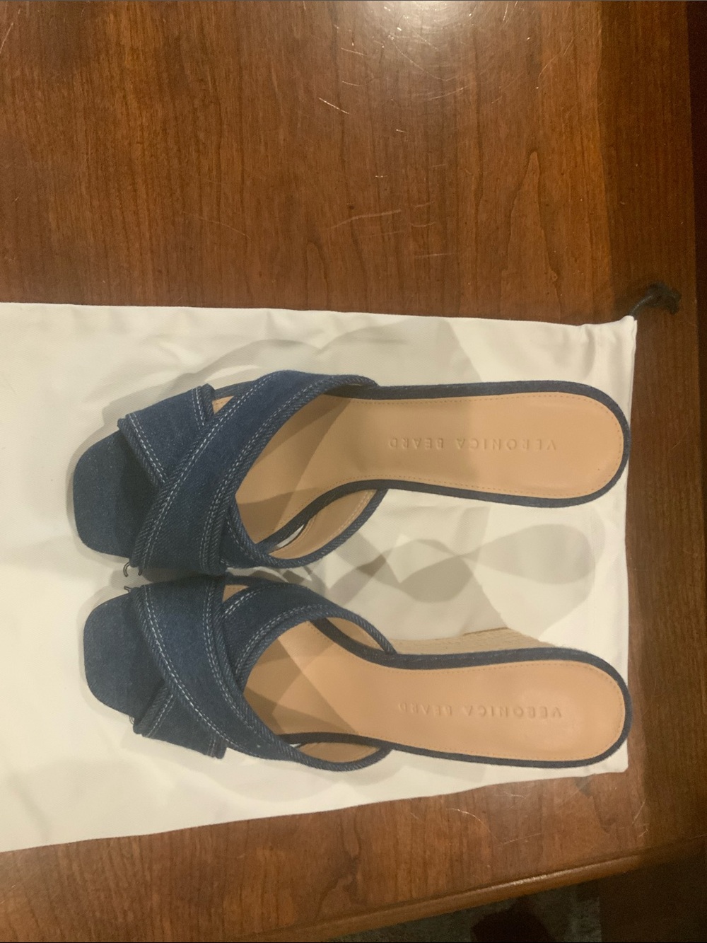 Veronica Beard Denim Blue Crisscross Wedge Mules - Picture 3 of 4
